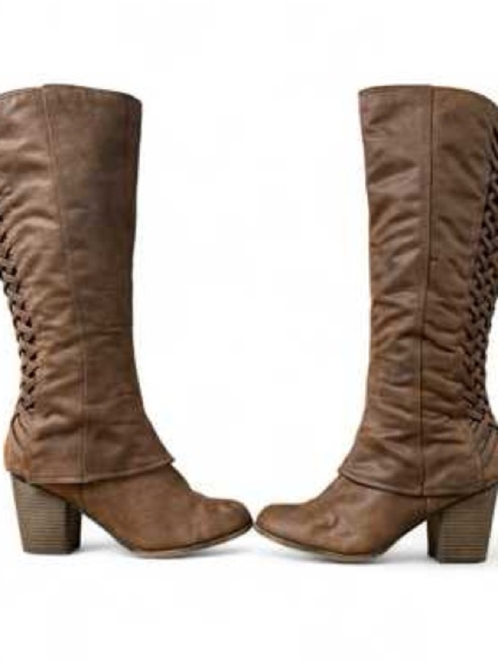 Fergalicious Brown Mid-Calf Lace-Back Heeled Boots